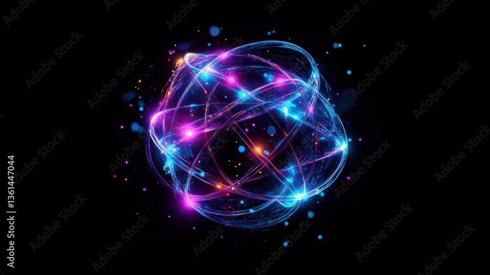 Glowing atomic structure in neon blue and purple on deep black background. Generative AI Glowing atomic structure in neon blue and purple on deep black background. Generative AI