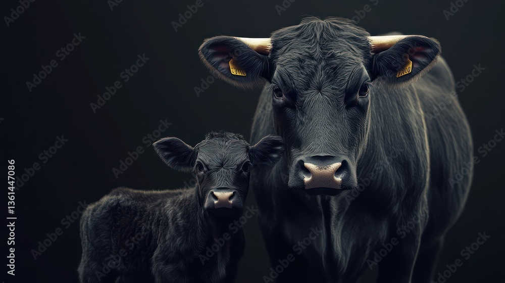 Naklejka premium Black cow, calf, studio, dark background, livestock farming