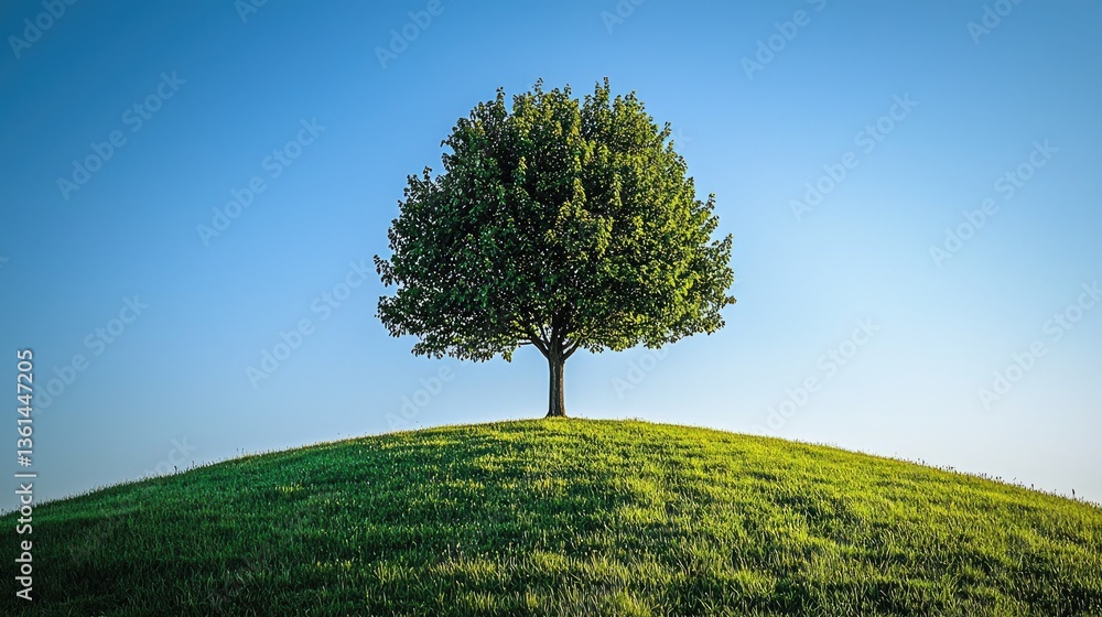 Obraz premium Perfectly Round Green Tree on a Hill Against Deep Blue Sky