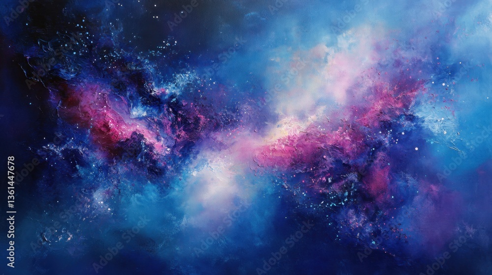 Fototapeta premium Un fondo abstracto en tonos de azul, morado y rosa, imitando una nebulosa en el espacio profundo. Pequenos destellos de estrellas y luces difusas dan un aspecto etereo y misterioso Ð¡ÐºÑ€Ñ‹Ñ‚ÑŒ