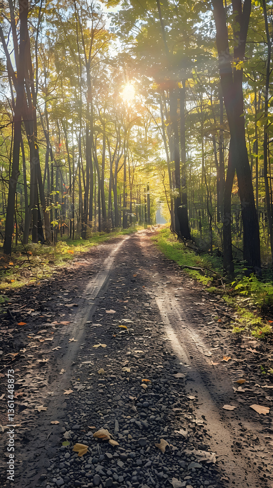 Naklejka premium Challenging XC Biking Trail Winding through Dense Autumnal Woodlands: A Photographic Perspective