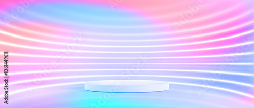 Hologram 3D stage with neon line wall - circular white podium on bright curved light streams. Gradient background for futuristic environment. Realistic glowing horizontal beams and product display.