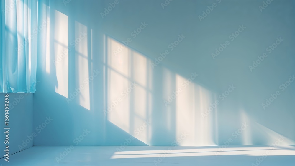 Sunlight streams through curtains, casting shadows on a serene blue wall in a peaceful indoor setting Sunlight streams through curtains, casting shadows on a serene blue wall in a peaceful indoor setting
