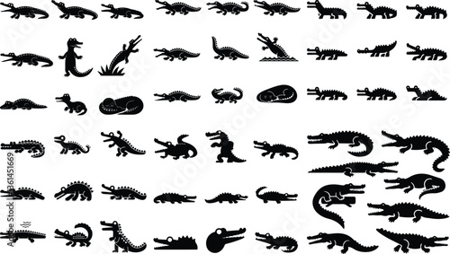 Crocodile set silhouette vector illustration design set of crocodile vector design, crocodile, animal, lizard, reptile, cartoon, dragon, green, illustration, Cute crocodile set collection
 