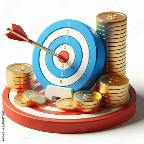 3D Target with Bullseye and Stacked Gold Coins – Financial Success Concept, dart hitting target.