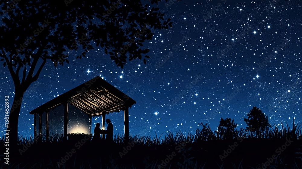 Obraz premium The Nativity. Silhouette of the Holy Family in the stable during the starry night. Digital illustration.