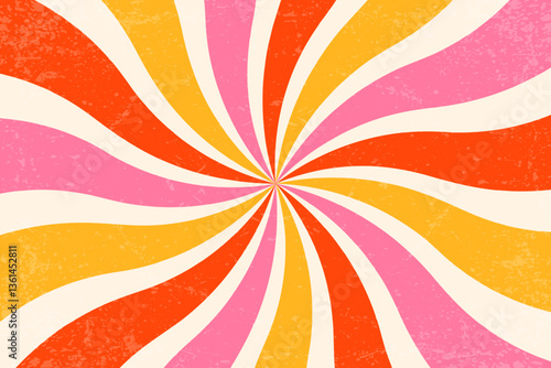 Retro background with spiral sunburst. Vector swirl textured radial rays. Vintage abstract wavy pink and orange striped vortex. 70s funky psychedelic disco bg.