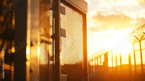 A close-up view of a prison gate swinging open, with a blurred backdrop of barbed wire fences, embodying the themes of freedom, liberation, and new beginnings.