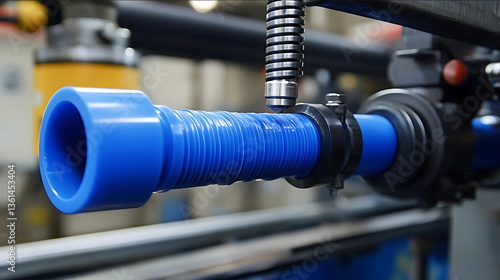 A closeup of the blue polypropylene cylinder on an industrial lathe with its rounded shape visible against the metal machinery backdrop The blue plastic cap is cle