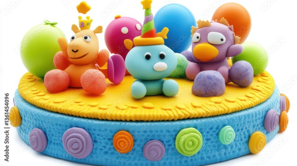Fototapeta premium Colorful clay figures celebrating a birthday party on a vibrant cake with playful decorations