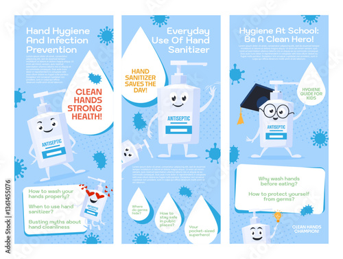 Hygiene guide flyer promoting hand washing and sanitizer use for children at school