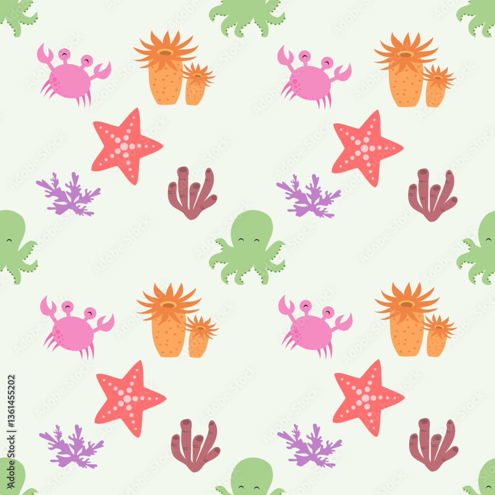 Sea animals seamless pattern background. Marine animals illustration pattern. Sea life background. Perfect for fashion clothes, shirt, fabrics, textiles, wallpaper, decor, print, packaging Sea animals seamless pattern background. Marine animals illustration pattern. Sea life background. Perfect for fashion clothes, shirt, fabrics, textiles, wallpaper, decor, print, packaging