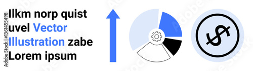 Blue upward arrow, pie chart with gear, dollar icon signifying growth, analysis, strategy, and finance. Ideal for business, investment, marketing data visualization startup pitch analytics simple