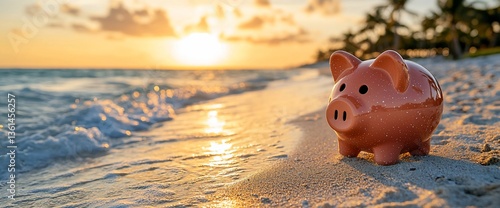 Piggy Bank on Beach at Sunset