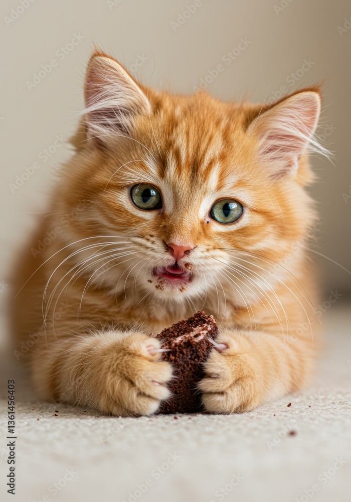 Playful orange kitten enjoying a chocolate treat on a soft carpet Playful orange kitten enjoying a chocolate treat on a soft carpet