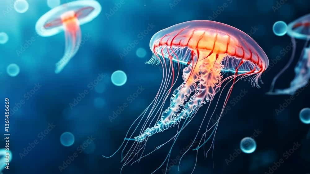 Bioluminescent jellyfish in deep ocean Bioluminescent jellyfish in deep ocean