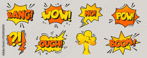 Comic book style exclamations set - bang, wow, no, pow, ouch and boom. Bright yellow orange speech bubbles with halftone dot shadows and black outlines. Retro cartoon pop art design elements, stickers