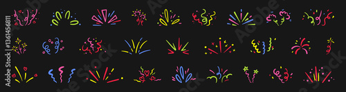 Colorful festive doodle icons set - stars, confetti, rays, sparks, hearts firework bursts. Vector celebration design elements collection. Holiday party decoration flat illustrations for congratulation