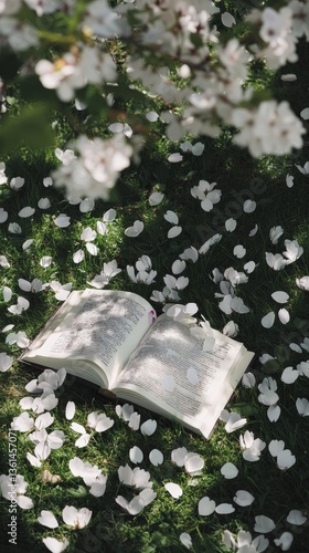 open book on grass under cherry tree with floating white petals. view romantic and soft atmosphere