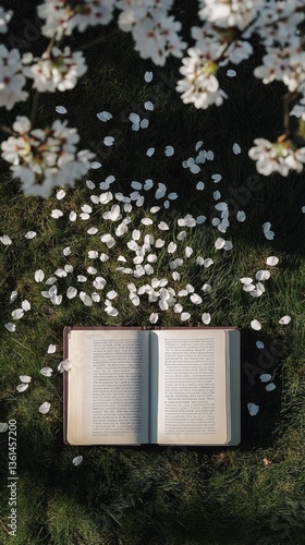 open book on grass under cherry tree with floating white petals. view romantic and soft atmosphere