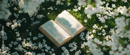 open book on grass under cherry tree with floating white petals. view romantic and soft atmosphere