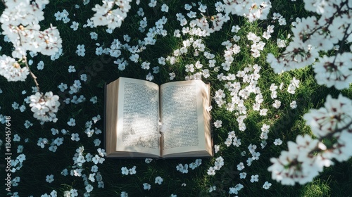 open book on grass under cherry tree with floating white petals. view romantic and soft atmosphere