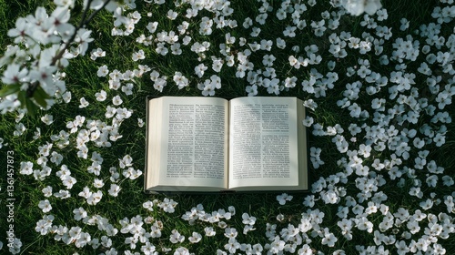 open book on grass under cherry tree with floating white petals. view romantic and soft atmosphere
