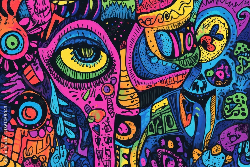 Obraz premium Abstract Psychedelic Art: Captivating and vibrant psychedelic artwork featuring bold lines, patterns, and a diverse spectrum of colors, conveying a sense of surrealism and imaginative expression.