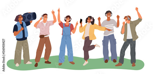 Young people group music listening. Happy friend use earphones and speakers, joyful melomanes characters, dancing, young men and women cartoon flat style isolated garish vector concept