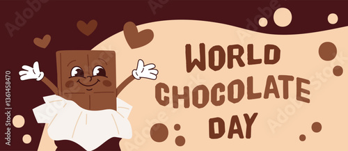 World chocolate day poster. Sweet holiday, sweet cocoa product, smiling bars mascot, cartoon character in wrapper, banner design with congratulation text, cartoon flat garish vector concept