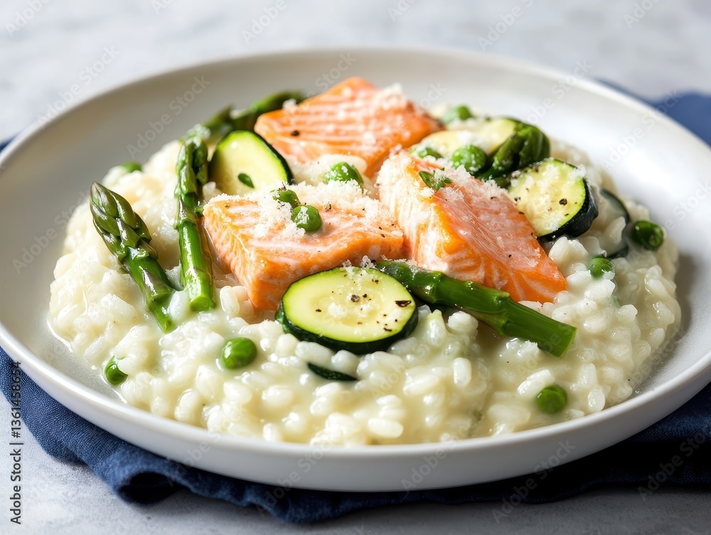 Creamy Risotto with Tender Salmon, Fresh Asparagus, Green Peas, and Zucchini on a White Plate with Blue Napkin Creamy Risotto with Tender Salmon, Fresh Asparagus, Green Peas, and Zucchini on a White Plate with Blue Napkin