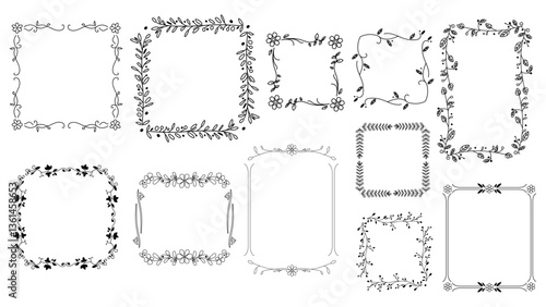 Vintage elegant frames. Old books graphic design, linear floral elements, decorative curved borders, retro simple ornaments, doodle hand drawn outline botanical isolated decent vector set