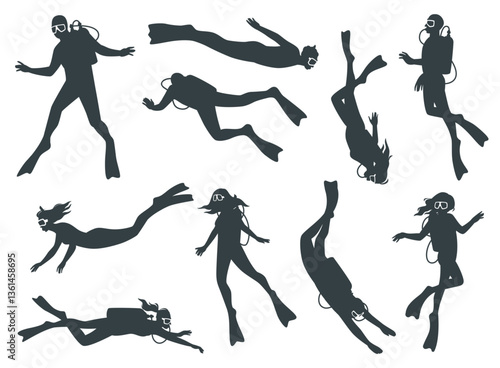 Underwater swimmers silhouettes. People with diving equipment masks and snorkels in different poses. Extreme activity on vacations. Undersea adventures. Black flat isolated vector set