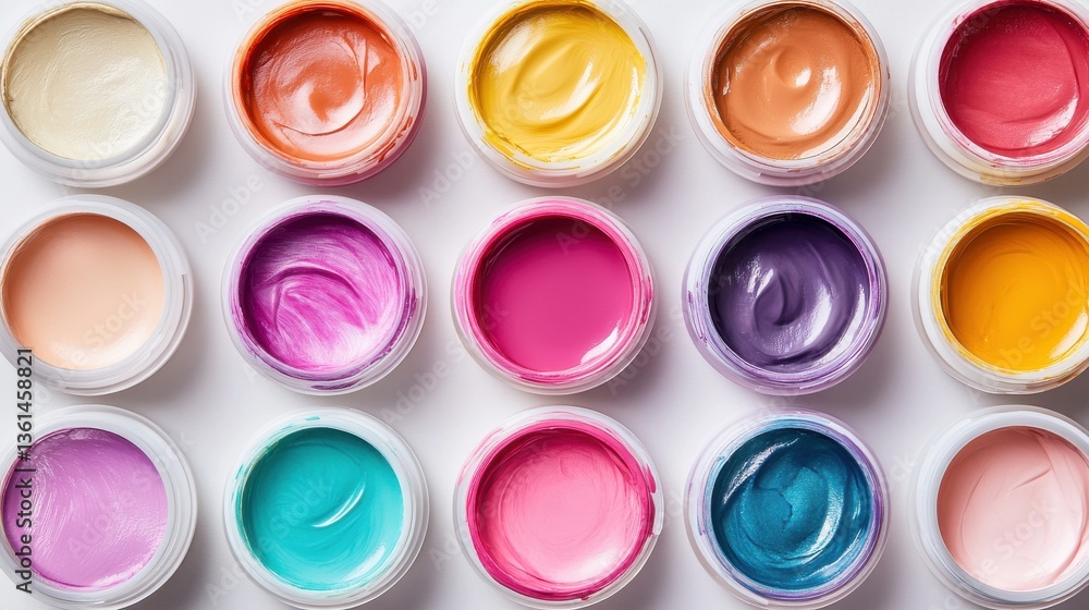 Colorful jars of fresh paint arranged in a vibrant pattern Colorful jars of fresh paint arranged in a vibrant pattern