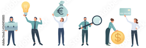 Tiny business people with large social media elements. Office team holding online community symbols, idea bulb, gold coin, credit card, money, cartoon flat isolated decent vector set