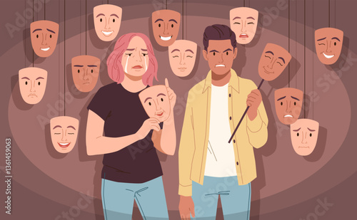 Social masks. Sad woman, angry man use fake faces, different emotions and feelings, couple with various expressions, mental health, depression cartoon flat isolated tidy vector concept
