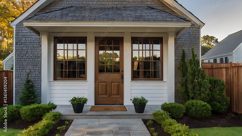 Colonial house with a gabled roof, symmetrical windows, and a large wooden front door Colonial house with a gabled roof, symmetrical windows, and a large wooden front door