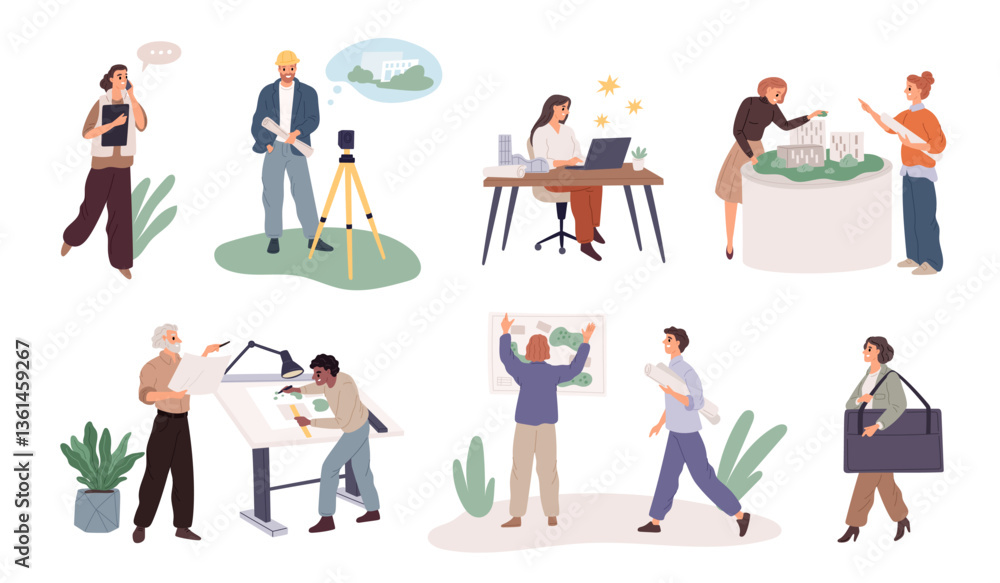 Professional architects people. Construction and buildings design process, engineers work, houses projects and models, drawings and layouts, cartoon flat style isolated garish vector set Professional architects people. Construction and buildings design process, engineers work, houses projects and models, drawings and layouts, cartoon flat style isolated garish vector set