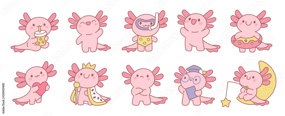 Pink funny axolotls. Kawaii animal mascot, amphibia character, different poses, emotions and creative actions, newt, salamander, tropical pet cartoon flat style isolated garish vector set