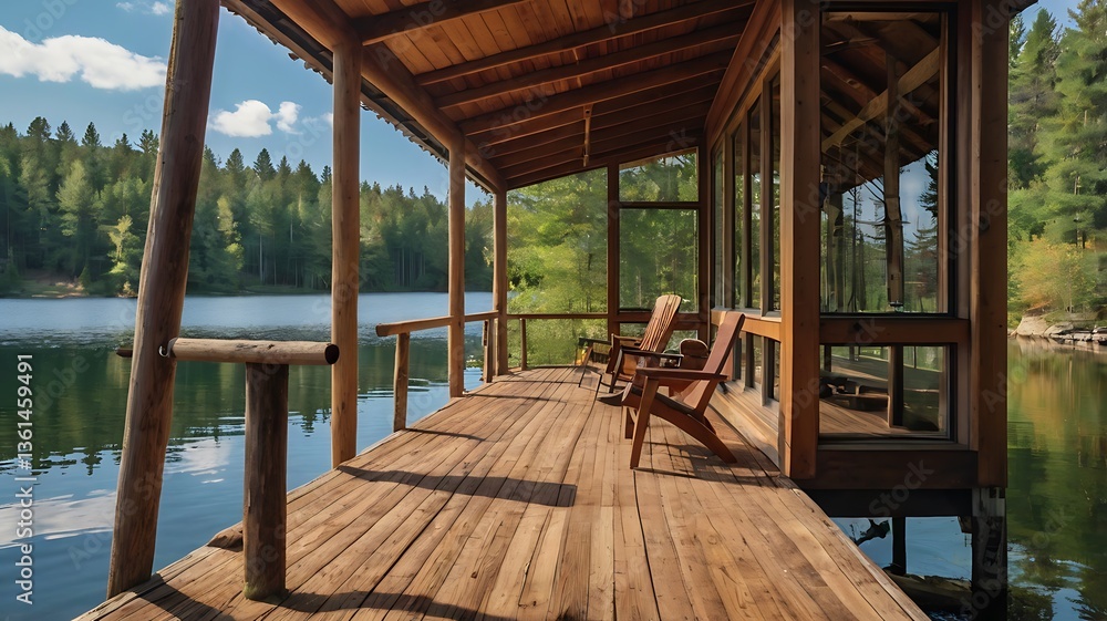 Fototapeta premium Cozy 1980s lake house with a wooden dock, A-frame structure, and large panoramic windows