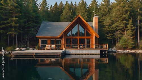 Cozy 1980s lake house with a wooden dock, A-frame structure, and large panoramic windows