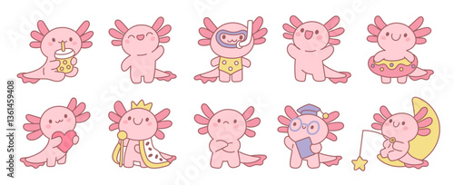 Obraz na płótnie Pink funny axolotls. Kawaii animal mascot, amphibia character, different poses, emotions and creative actions, newt, salamander, tropical pet cartoon flat style isolated garish vector set w salonie