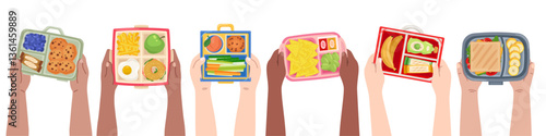Kids hands hold lunch boxes. Top view, food containers, school snacks in box, kindergarten breakfast, children healthy eating sandwiches, cartoon flat style isolated recent vector concept