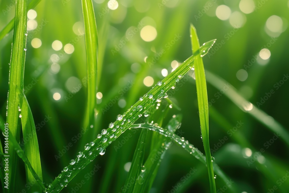 Naklejka premium Dew-Kissed Green Blades: A macro shot of fresh, vibrant green grass blades glistening with morning dew, creating a natural display of beauty. 