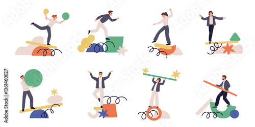 Instability concept scenes. People keep balance, abstract shapes, unreliable supports, falling risk, stability search, creativity process cartoon flat style isolated garish vector set