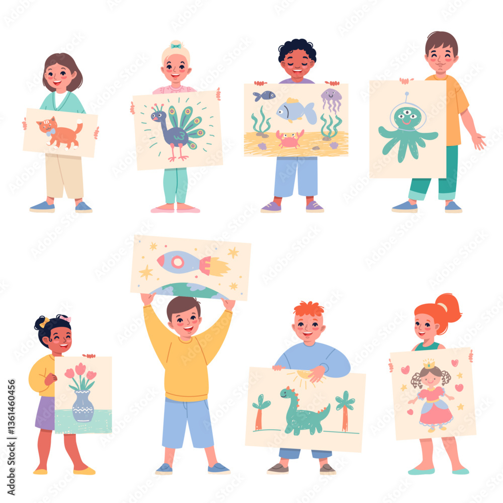 Cute kids show off their drawings. Funny young artists with paintings, children exhibition of artworks, paper sheets, art school pupils, cartoon flat style isolated classy vector concept