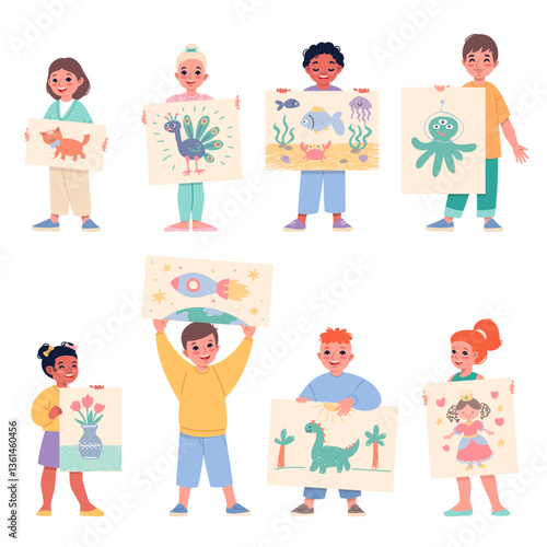 Obraz na płótnie Cute kids show off their drawings. Funny young artists with paintings, children exhibition of artworks, paper sheets, art school pupils, cartoon flat style isolated classy vector concept w salonie