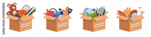 Cardboard donation boxes. Humanitarian aid in containers, volunteering and charity, help and support those in need, food and school stationery, cartoon flat isolated nowaday vector set
