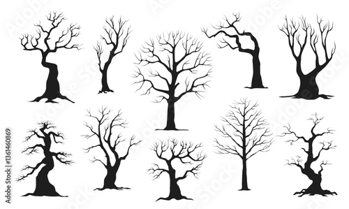 Black dead tree icons. Silhouettes of dry plants, leafless branches, spooky elements, winter season natural objects, different forms, halloween isolated graphic, qualitative vector set
