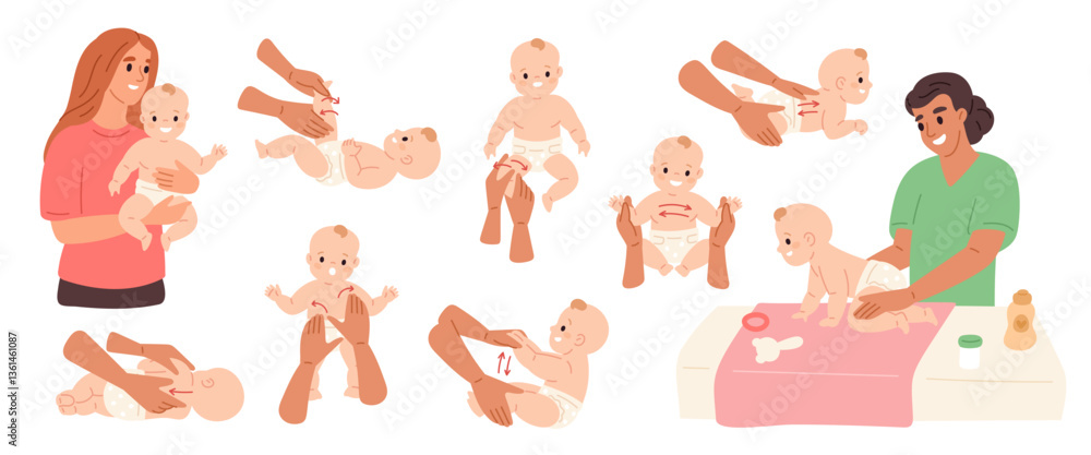 Obraz premium Baby massage. Child health therapy, nurse masseur with newborn kid, hand movements schemes on children body, infant care, health procedures cartoon flat style isolated garish vector set